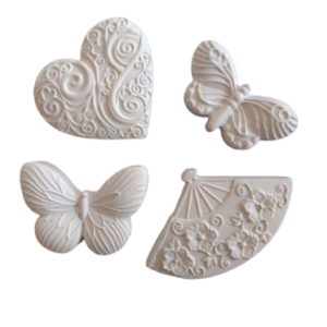 Set figurine din ipsos pentru pictat, Fluturi inima evantai, ~7/ 6 cm
